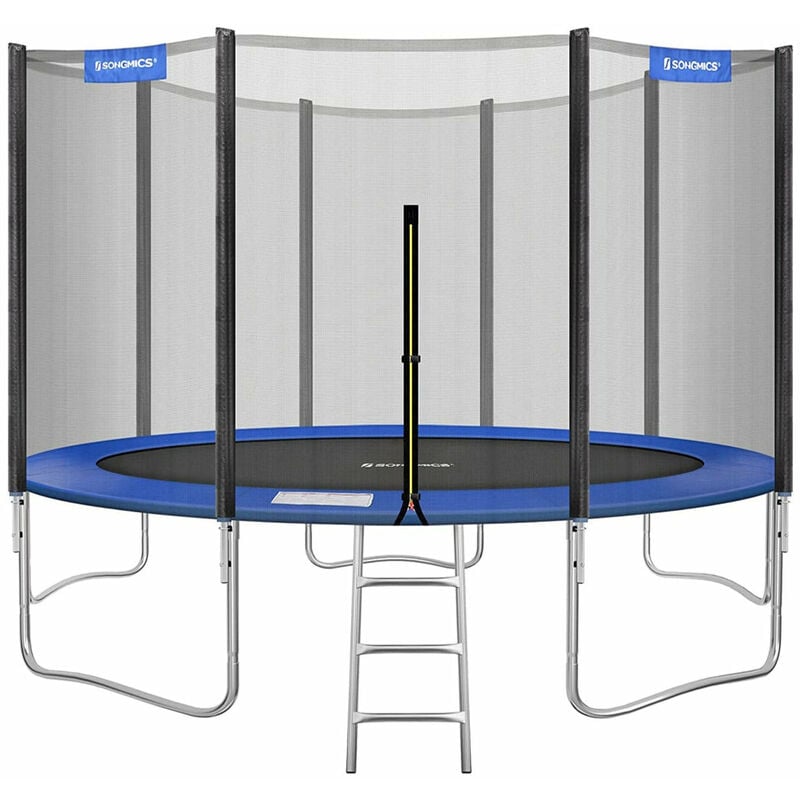 Trampoline extérieur diamètre 427 cm équipement jardin avec échelle filet de protection poteaux recouverts noir et bleu - Bleu