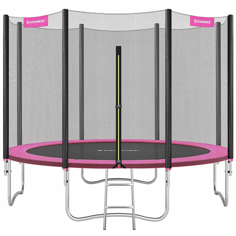 Trampoline extérieur enfant 305 cm avec filet de sécurité coussins de protection échelle capacité 150 kg pour jardin rose