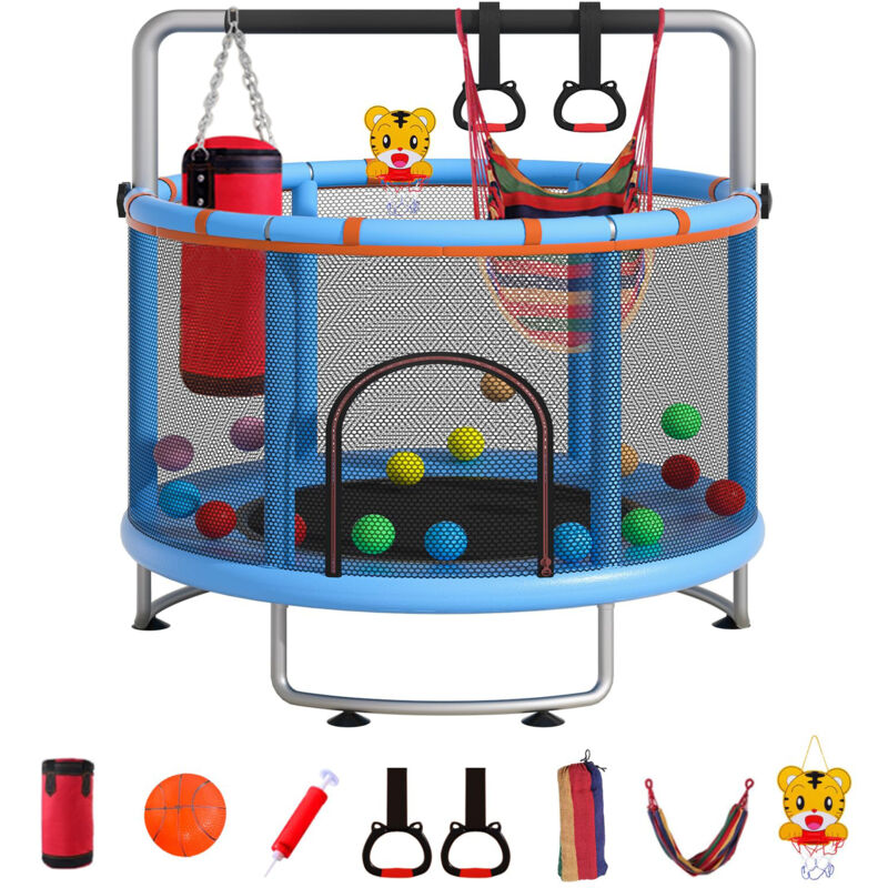Magicfox - Trampoline multi-fonctions Ø150cm avec Panier de basket-ball, Main courante en anneau, Anneaux suspendus, Hamac, - Charge de 150Kg - Bleu