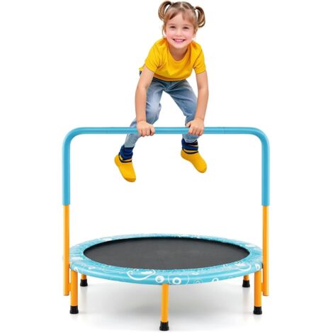 Trampoline pliable Ø 92 cm, trampoline de fitness pour enfants de 3 à 10 ans avec barre de sécurité, cadre en acier robuste supportant une charge de 150 kg, convient à une utilisation intérieure et ex