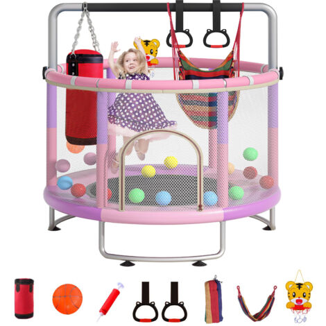 Trampoline pour enfants Ø150cm Multi-fonctions avec Panier de basket-ball, Main courante en anneau, Hamac, Anneaux suspendus -Rose