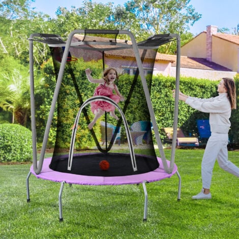 Trampoline pour enfants 157 x 147 cm, ensemble de trampoline intérieur et extérieur, violet et gris