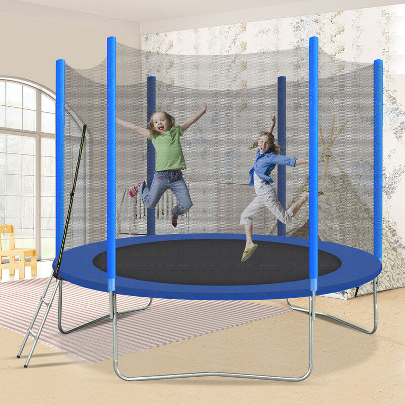 Trampoline pour enfants 246 x 246 x 213 cm(LxLxH) Bleu Trampoline de jardin extérieur avec porte zippée et escalier Kit trampoline rond Filet de