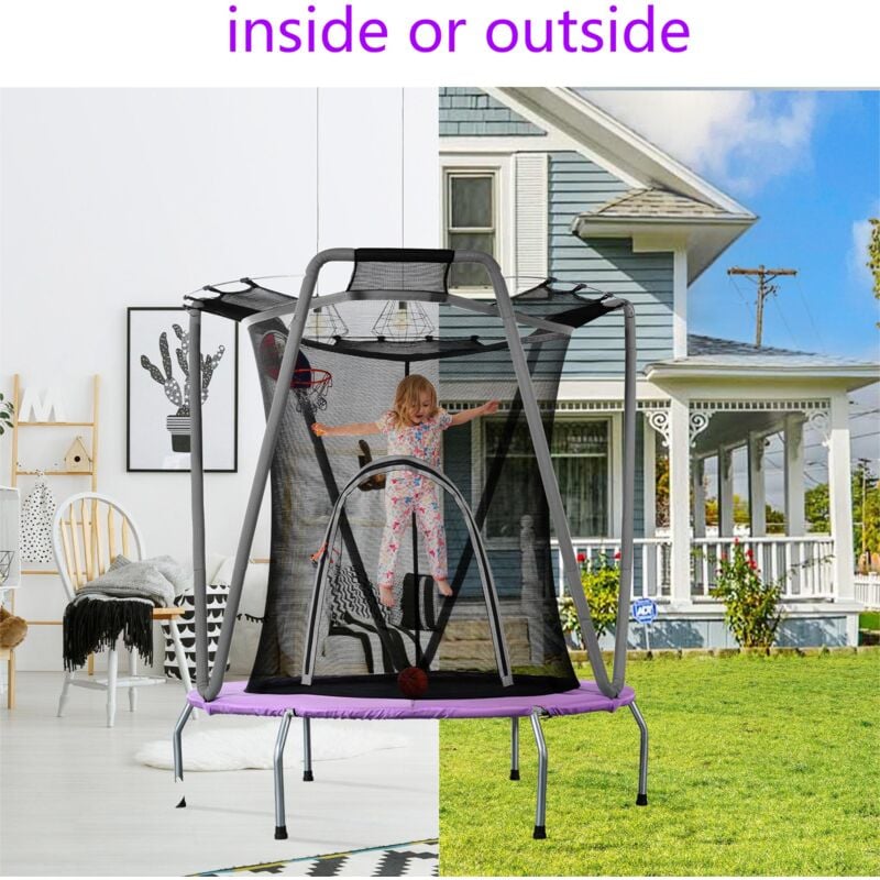 Trampoline rond pour enfant à l'intérieur et l'extérieur - structure en acier galvanisé - avec panier de basket - Violet