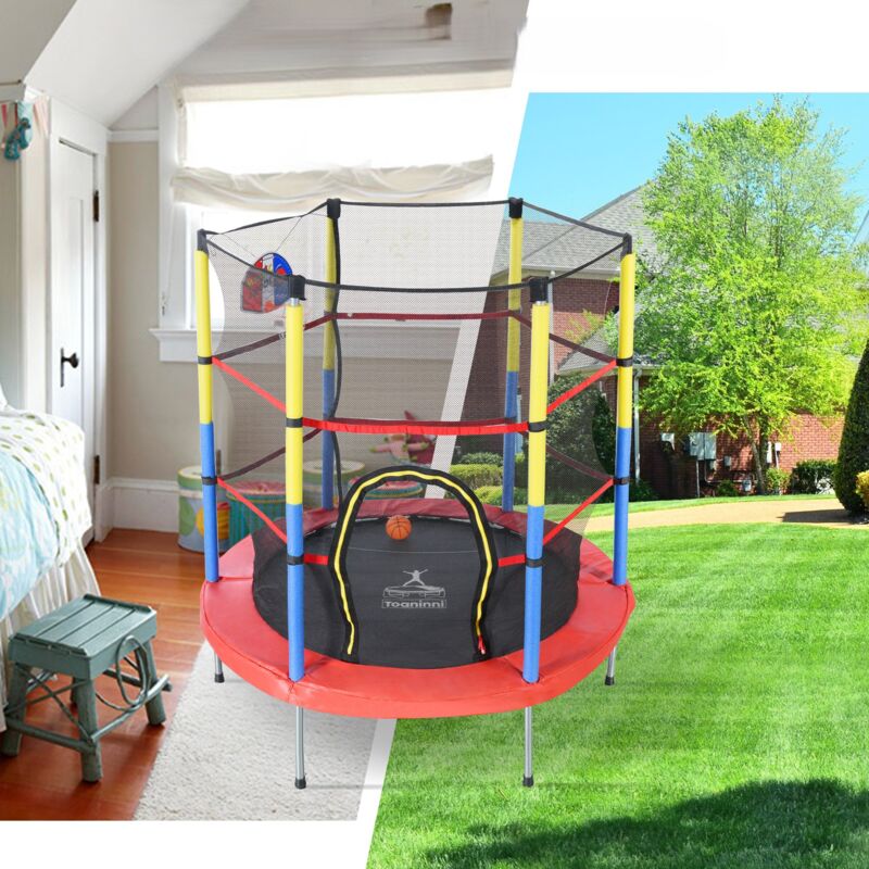 Modernluxe - Trampoline rond pour enfant à l'intérieur et l'extérieur - structure en acier galvanisé - avec panier de basket - Multicolore