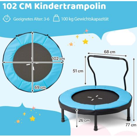 Trampoline pour enfants avec poignée, 102 cm, capacité 100 kg, bleu