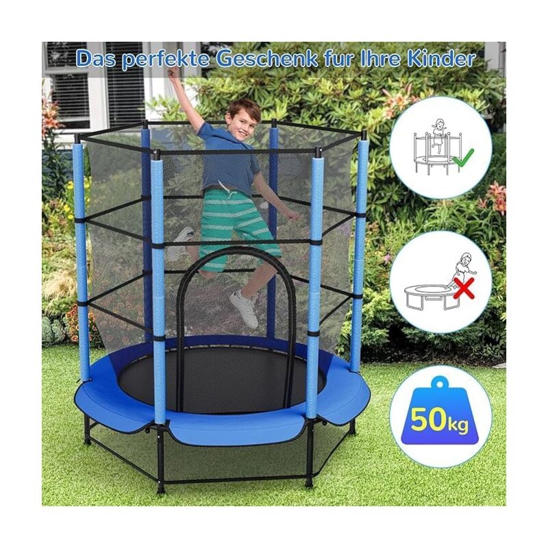 Trampoline pour Enfants,Trampoline Extérieur Interieur ø 140 cm avec Filet Sécurité Charge Max 50kg- bleu