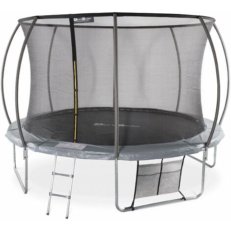 Trampoline rond Ø 370cm gris - Saturne Inner XXL – trampoline de jardin avec filet de protection intérieur. échelle. bâche. filet pour chaussures et kit d'ancrage