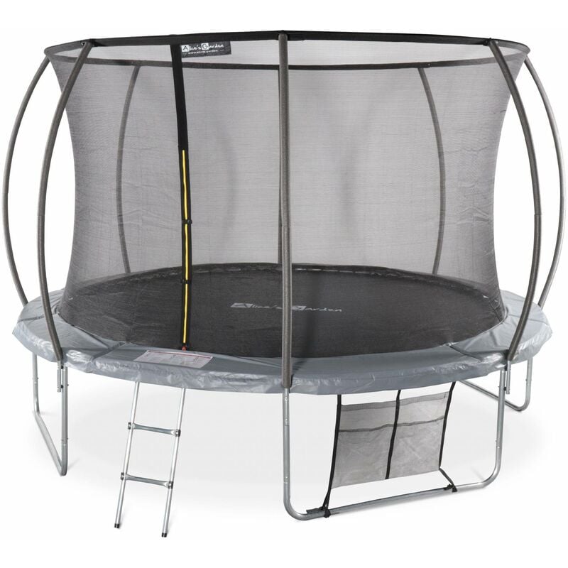 Sweeek - Trampoline rond ø 370cm gris - Saturne Inner xxl – trampoline de jardin avec filet de protection intérieur. échelle. bâche. filet pour