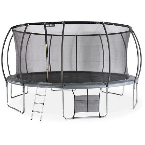 Trampoline rond Ø 490cm gris avec filet de protection intérieur - Jupiter Inner XXL - échelle. bâche. filet pour chaussures et kit d'ancrage 4.90m 490 cm