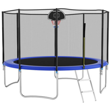 Trampolino da giardino da 305 cm con rete di sicurezza, 72 molle rinforzate, capacità di carico 150 kg, acciaio blu