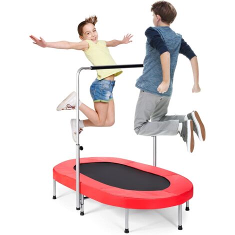 Trampolino per 2 Persone, Trampolino Ovale da Fitness per Adulti e Bambini, con Corrimano e Altezza Regolabile, 153x100x(88-128) cm (Rosso)