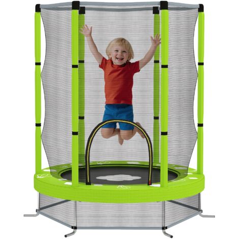 Trampolino per bambini Ø140 cm con rete di sicurezza e disegni, verde, adatto a età 3-6 anni, elastico e sicuro per giochi all'aperto.