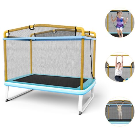 Trampolino per bambini con rete di protezione altalena barra orizzontale, Trampolino da esterno 190x124x222cm Giallo