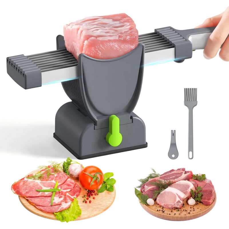 Trancheuse Manuelle à Viande Fraîche en Acier Inoxydable,Meat Slicer Épaisseur Réglable,Trancheuse Manuelle pour Viande Fraîche avec Brosse,Aiguisoir