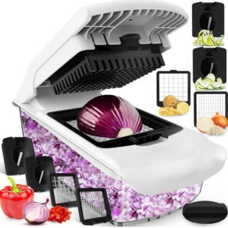 Trancheuse manuelle,Coupe Legumes Multifonctions - Spiraliseur et Decoupe Legumes Manuel - Coupe Legume Cube Oignon Carotte Concombre Tomates Fruits - Cuisine Accessoires (4-en-1 Blanc)