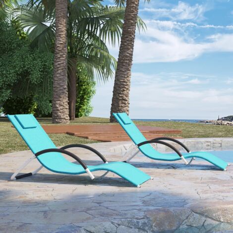 Transat 2 pièces textilène, cadre métallique courbé, résistant aux intempéries. Charge 160 kg, avec appuie-tête, dimensions 160x62x65 cm, parfait pour terrasse et piscine