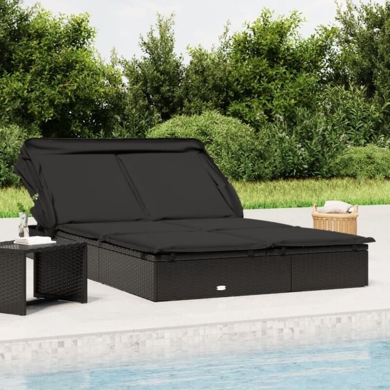 Transat 2 places avec toit Chaise longue Bain de soleil pliable noir 213x118x97 cm 79143