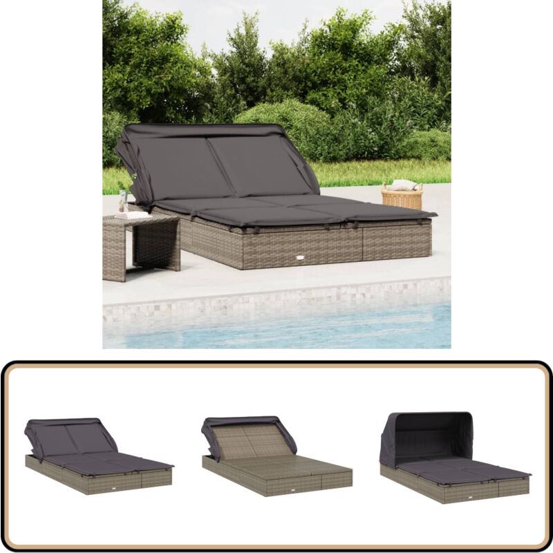 Transat 2 places avec toit pliable gris 213x118x97 cm - Transat 2 Places - Salon De Jardin - Mobilier Extérieur - Chaises Longues - Bain De Soleil