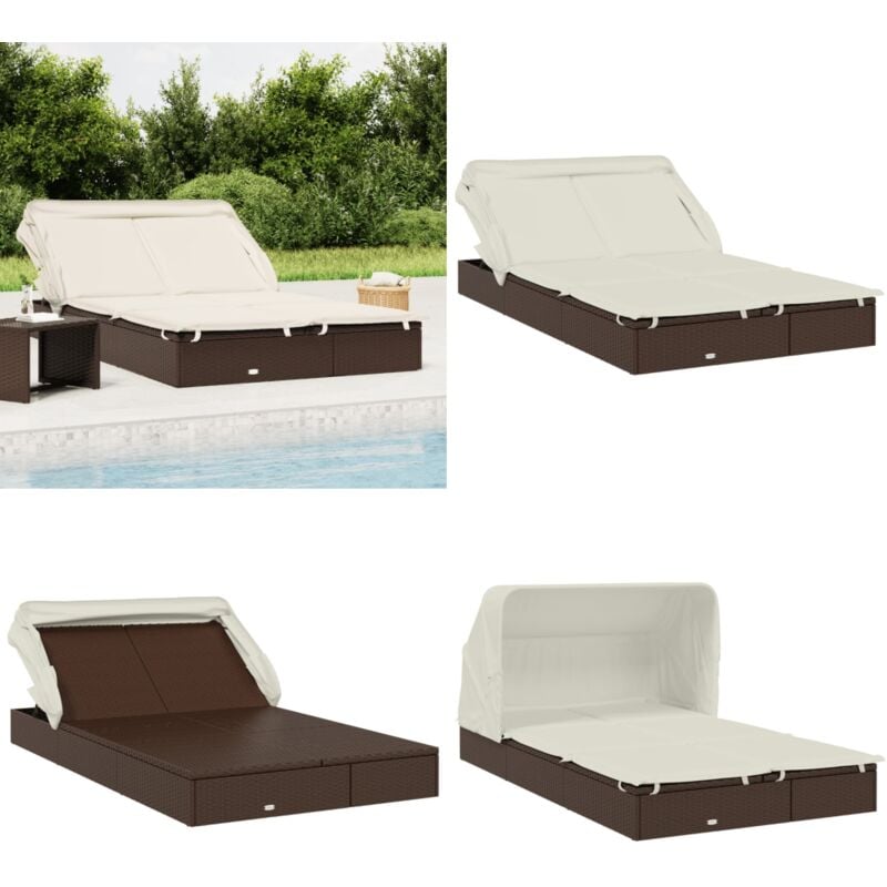 Transat 2 places avec toit pliable marron 213x118x97 cm - Transat - Chaise Longue - Salon De Jardin - Mobilier Extérieur - Lit De Repos - Home &