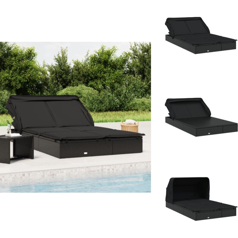 Transat 2 places avec toit pliable noir 213x118x97 cm - Transat - Bain De Soleil - Fauteuil De Jardin - Mobilier De Jardin - Chaises Longues