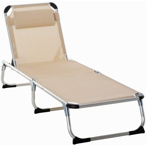 Transat aluminium jardin réglable 4 positions, pliable avec tissu résille beige 165x60x76cm pour terrasse et extérieur