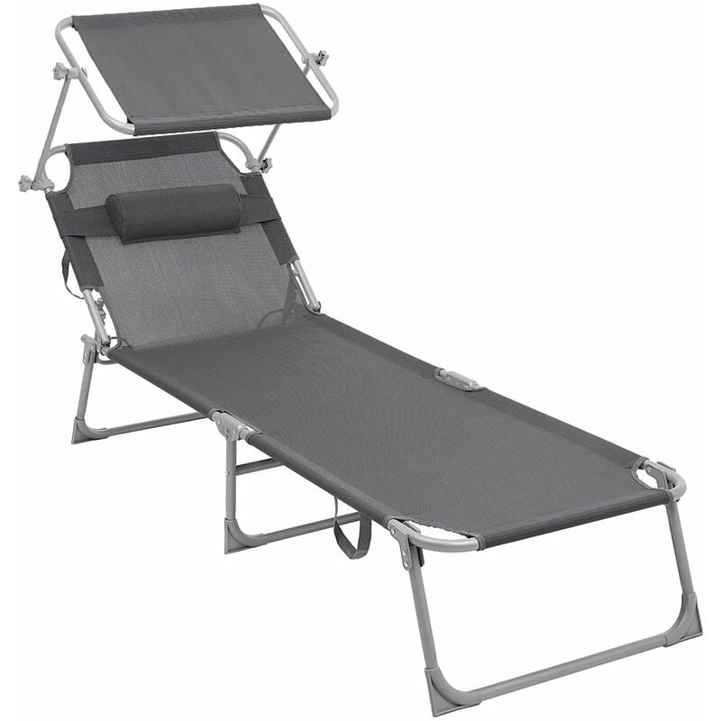 Acaza - Chaise de pont avec appui-tête et protection solaire, dossier réglable, pliable, gris foncé