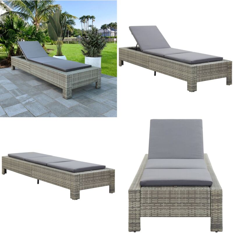 Transat avec coussin Gris Résine tressée - Chaise Longue - Transat - Mobilier De Jardin - Salon De Jardin - Relax - Home & Living