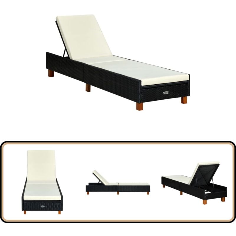 Transat avec coussin Résine tressée Noir - Chaise Longue - Transat - Bain De Soleil - Mobilier De Jardin - Résine Tressée