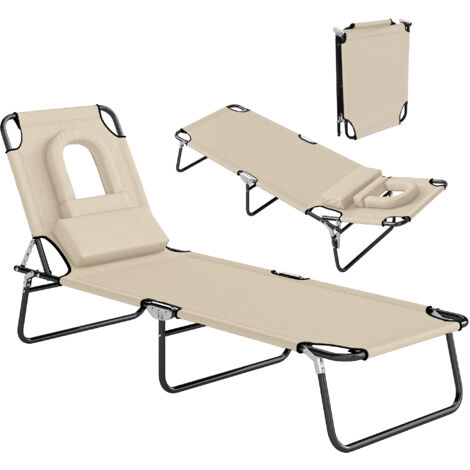 Transat avec ouverture pour le visage et coussin, pliable, housse déperlante, structure en métal, beige