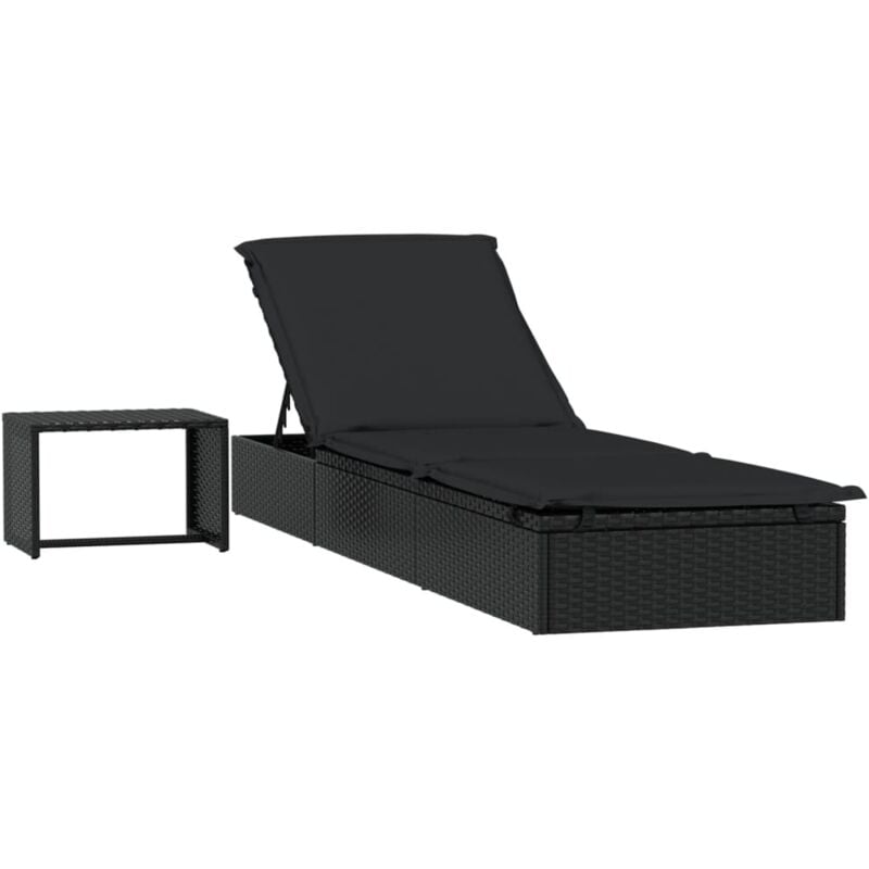 Transat avec table Chaise longue Bain de soleil noir résine tressée 78091