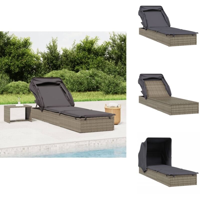 Transat avec toit pliable gris 213x63x97 cm résine tressée - Chaise Longue - Transat - Salon De Jardin - Mobilier De Jardin - Lit De Repos