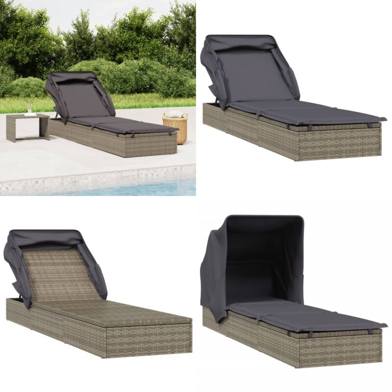 Transat avec toit pliable gris 213x63x97 cm résine tressée - Chaise Longue - Transat - Salon De Jardin - Mobilier De Jardin - Lit De Repos - Home &