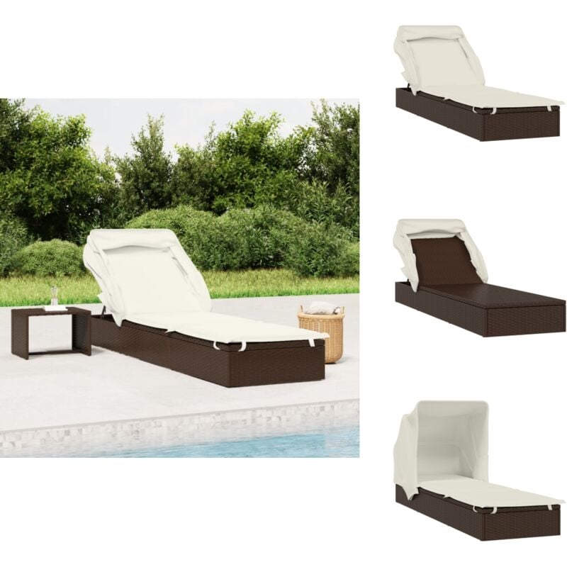 Transat avec toit pliable marron 213x63x97 cm résine tressée - Transat Pliables - Chaises Longues - Mobilier De Jardin - Salon De Jardin - Lit De