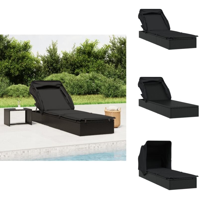 Transat avec toit pliable noir 213x63x97 cm résine tressée - Transat Pliables - Chaises Longues - Mobilier De Jardin - Salon De Jardin - Lit De