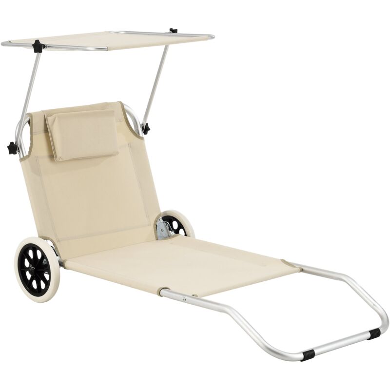 Transat bain de soleil à roulettes aluminium polyester argenté mat beige