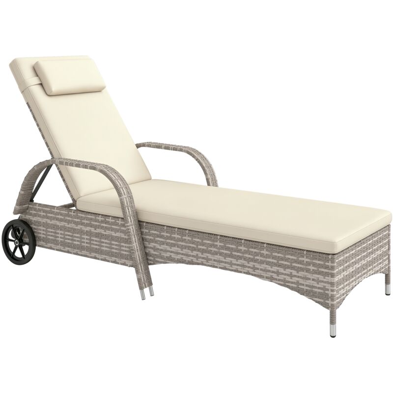 Transat bain de soleil grand confort : matelas, têtière, inclinaison réglable multipositions, accoudoirs, roulettes résine tressée gris clair