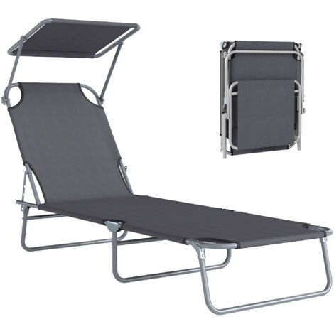 Transat Bain de Soleil Pliable Chaise Longue Pliante Grand Confort Dossier Inclinable Multi-positions et Pare-Soleil réglable Dim. 187L x 58l x 36H cm Gris