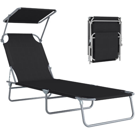 Transat bain de soleil pliable noir, dossier inclinable et pare-soleil ajustable. Confort maximal pour vos moments de détente en extérieur.