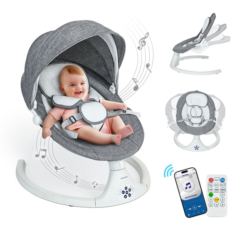 Transat balancelle bébé électrique, bluetooth musique, 5 vitesses de balancement, minuterie à 3 étapes et télécommande - Blanc