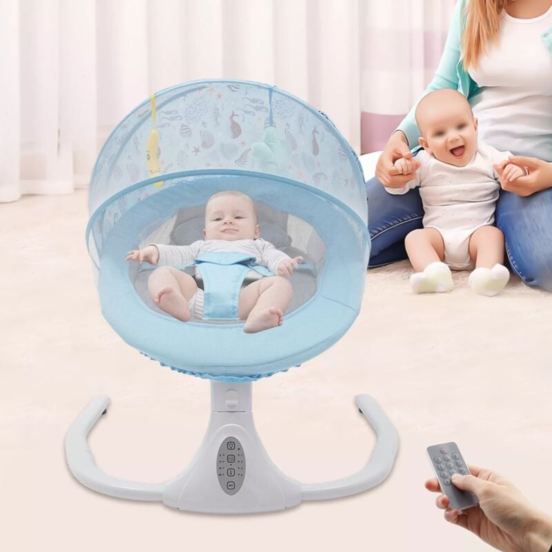 Transat bébé Balancelle Bébé Électrique, bleu, avec Télécommande, Harnais 3 Points, Pliable, Bluetooth Musique