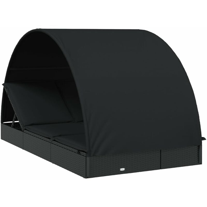 Transat chaise longue bain de soleil 2 places avec toit rond noir 211x112x140 cm