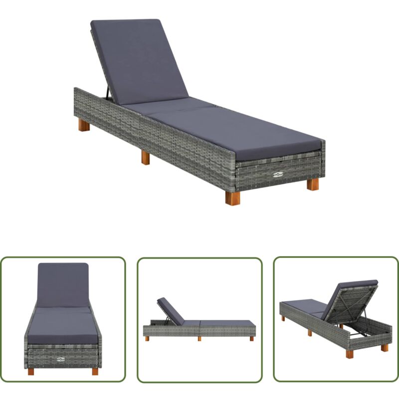 The Living Store Transat avec coussin Résine tressée Gris - Chaise Longue - Transat - Mobilier De Jardin - Relax - Bain De Soleil