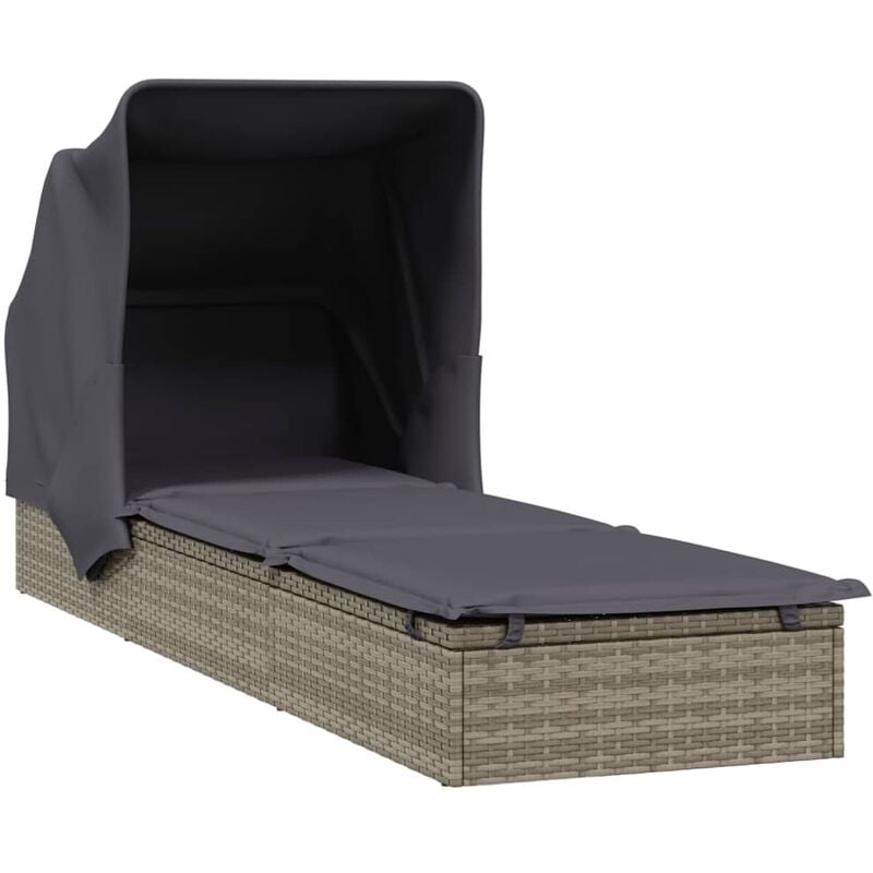 Helloshop26 - Transat chaise longue bain de soleil avec toit pliable 213 x 63 x 97 cm résine tressée gris