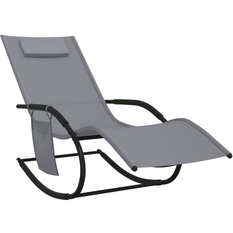 Transat chaise longue bain de soleil lit de jardin terrasse meuble d'extérieur 147 cm à bascule gris acier et textilène