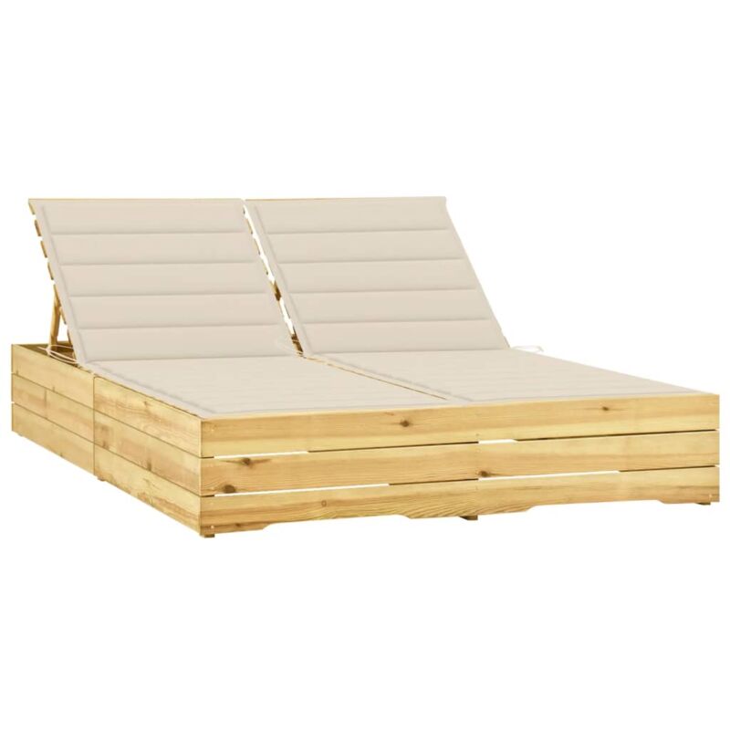 Helloshop26 - Transat chaise longue bain de soleil lit de jardin terrasse meuble d'extérieur 198 x 135 x (30-75) cm double et coussins crème bois de