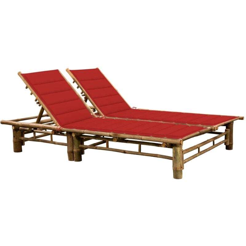 Helloshop26 - Transat chaise longue bain de soleil lit de jardin terrasse meuble d'extérieur 200 cm pour 2 personnes avec coussins bambou - Marron
