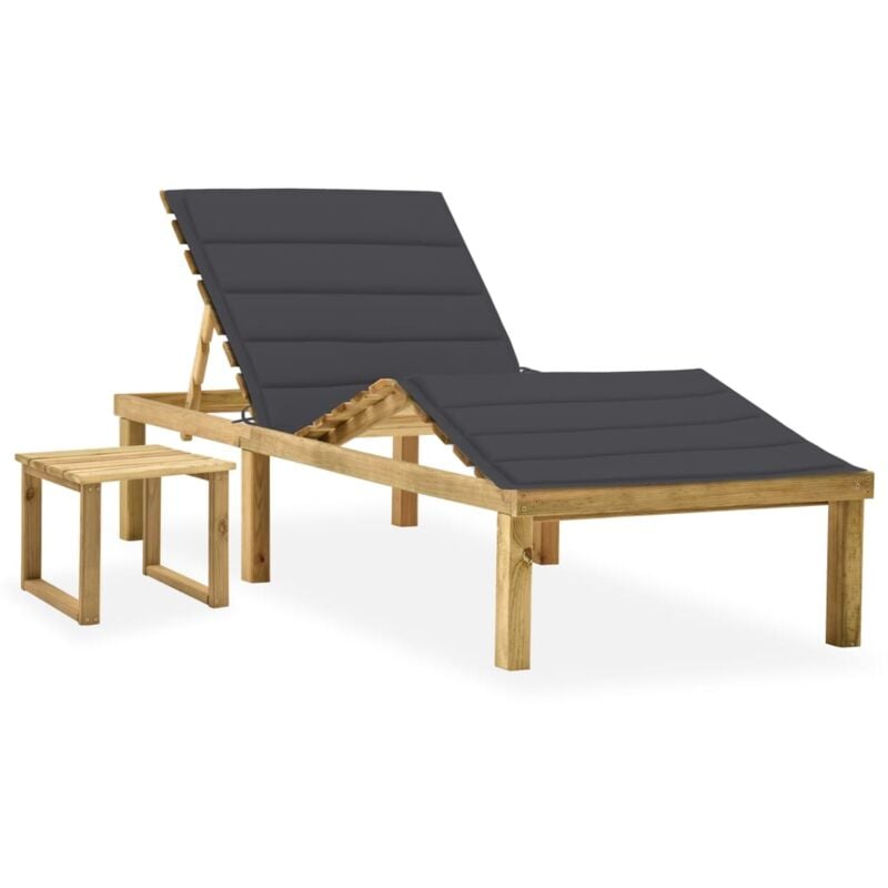 Transat chaise longue bain de soleil lit de jardin terrasse meuble d'extérieur 200 x 70 x (31,5-77) cm avec table et coussin pin imprégné