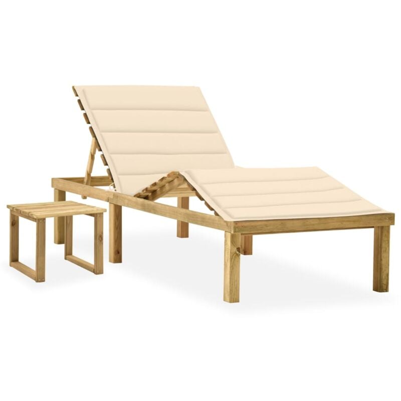 Transat chaise longue bain de soleil lit de jardin terrasse meuble d'extérieur 200 x 70 x (31,5-77) cm avec table et coussin pin imprégné