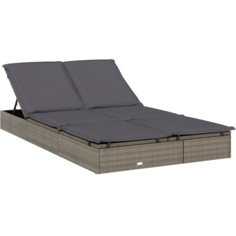 Transat chaise longue bain de soleil lit de jardin terrasse meuble d'extérieur à 2 places avec coussins gris résine tressée